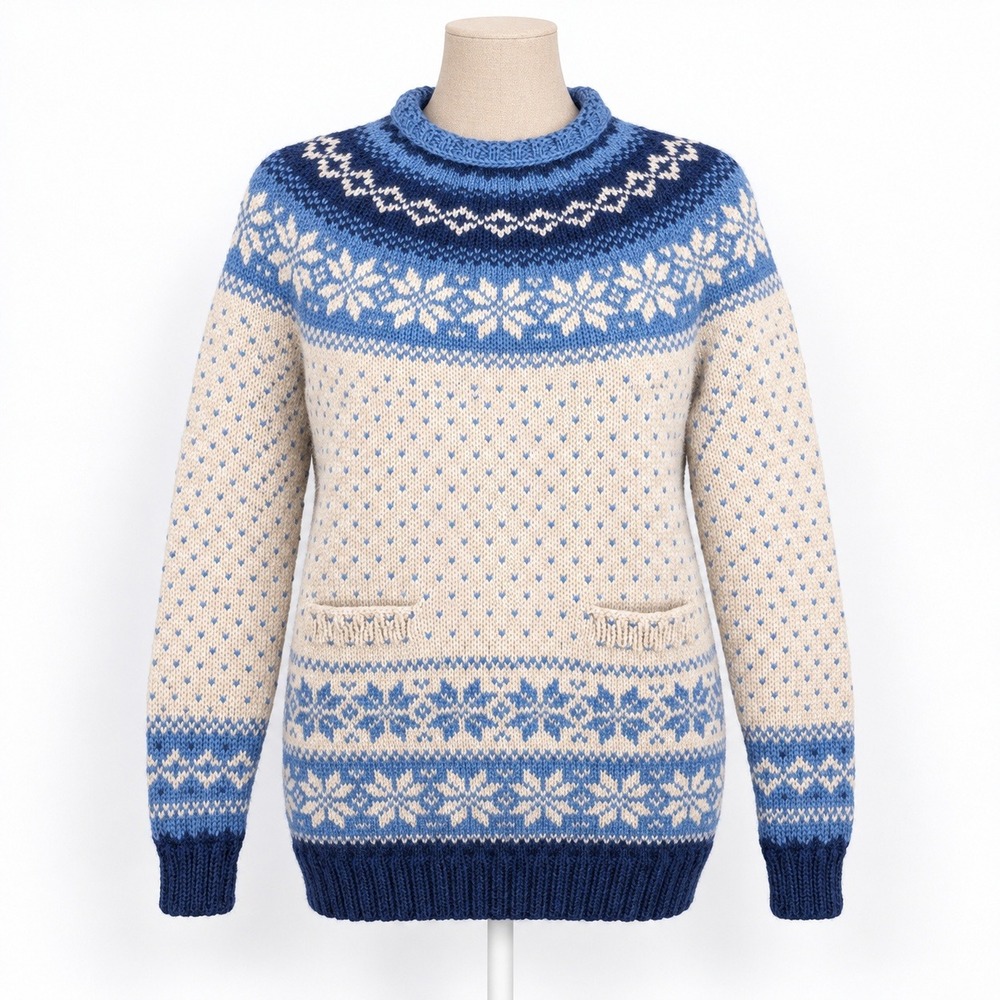 Vintage Hand Knit Wool Fair Isle Sweater Size S Blue Pockets Nordic Cottagecore